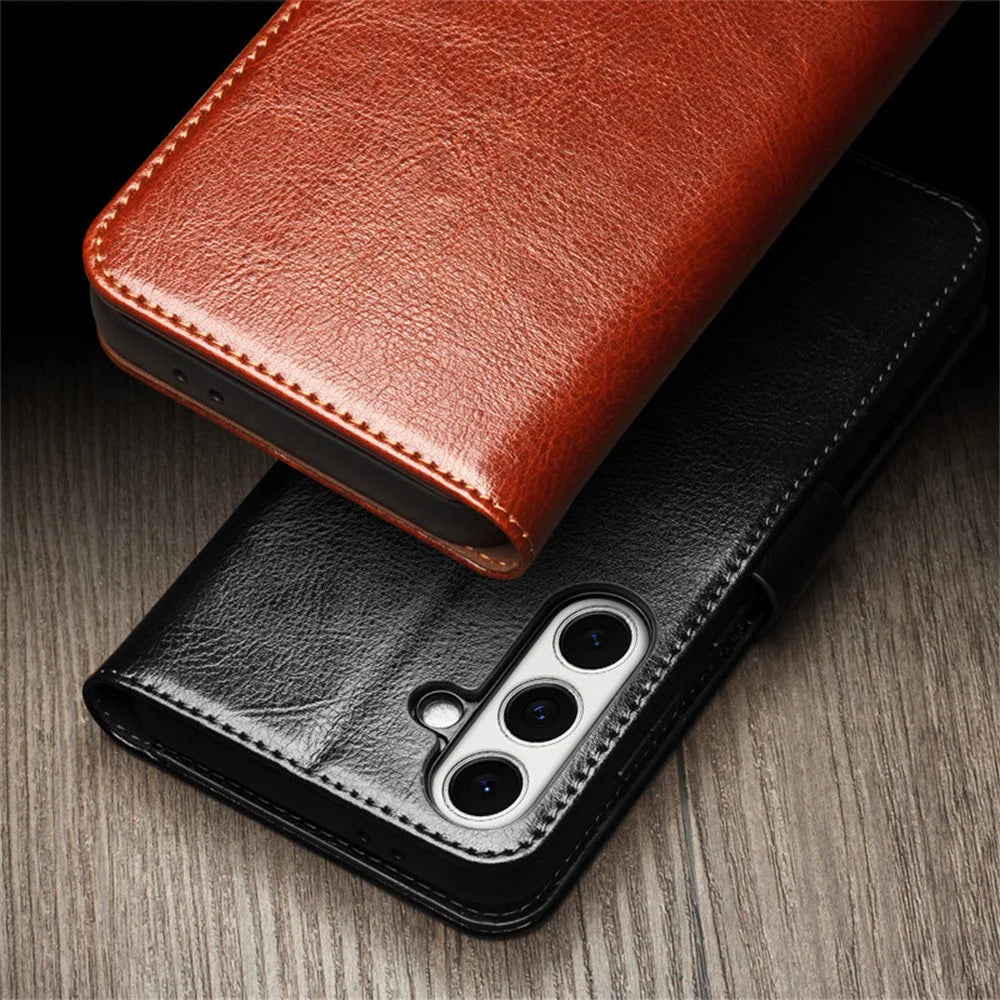 QIALINO For Samsung Galaxy S24 FE Case with Card Holder Genuine Cow Leather Stand Phone Cover - Brown - 6