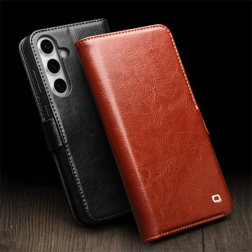 QIALINO For Samsung Galaxy S24 FE Case with Card Holder Genuine Cow Leather Stand Phone Cover - Brown - 7