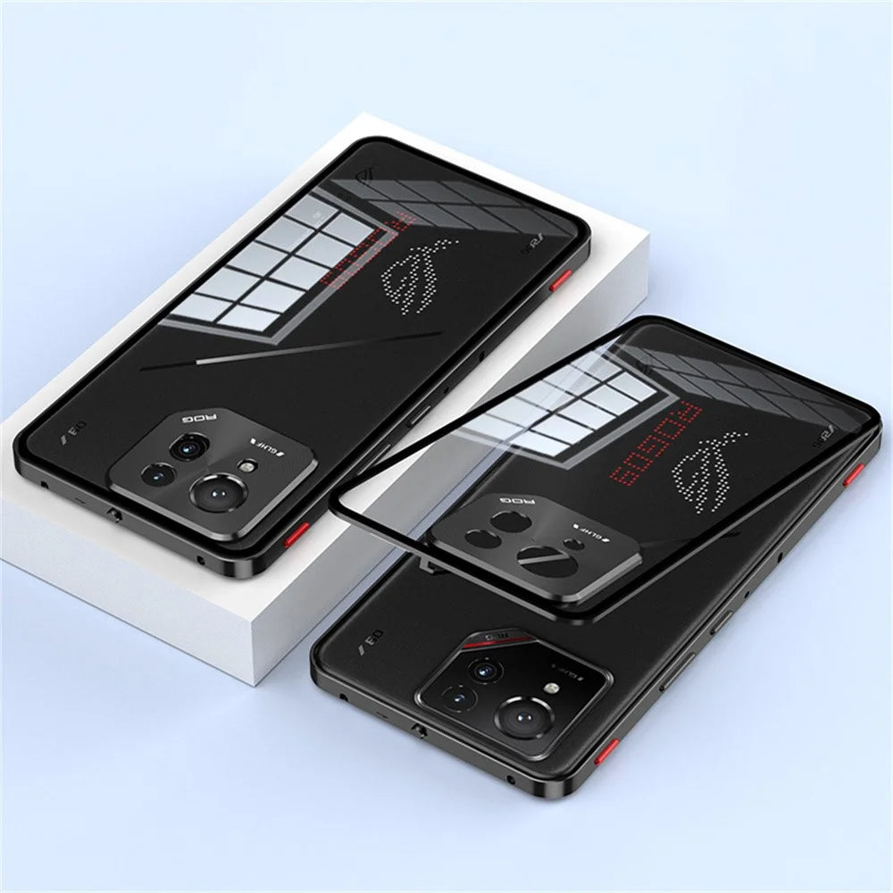 For Asus ROG Phone 9 Pro 5G / Phone 9 5G Case Metal Frame Tempered Glass Back Mobile Cover with Slide Key - Black - 1