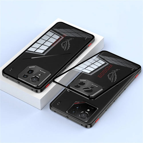 For Asus ROG Phone 9 Pro 5G / Phone 9 5G Case Metal Frame Tempered Glass Back Mobile Cover with Slide Key - Black - 1