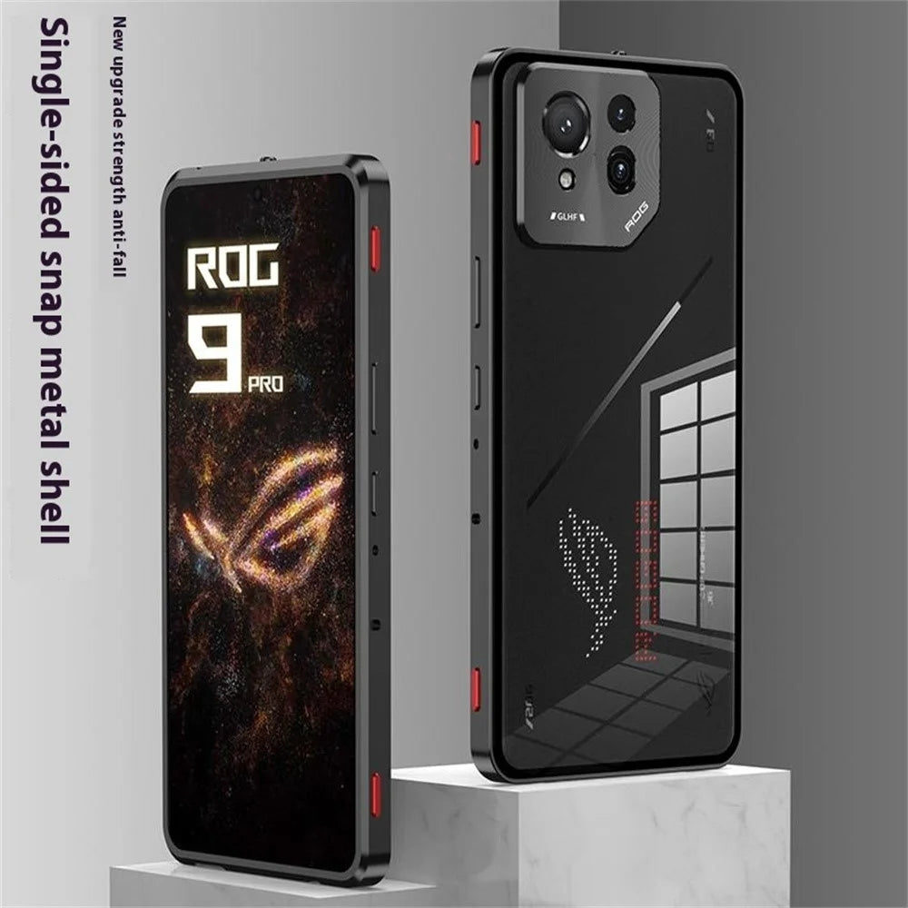 For Asus ROG Phone 9 Pro 5G / Phone 9 5G Case Metal Frame Tempered Glass Back Mobile Cover with Slide Key - Black - 2