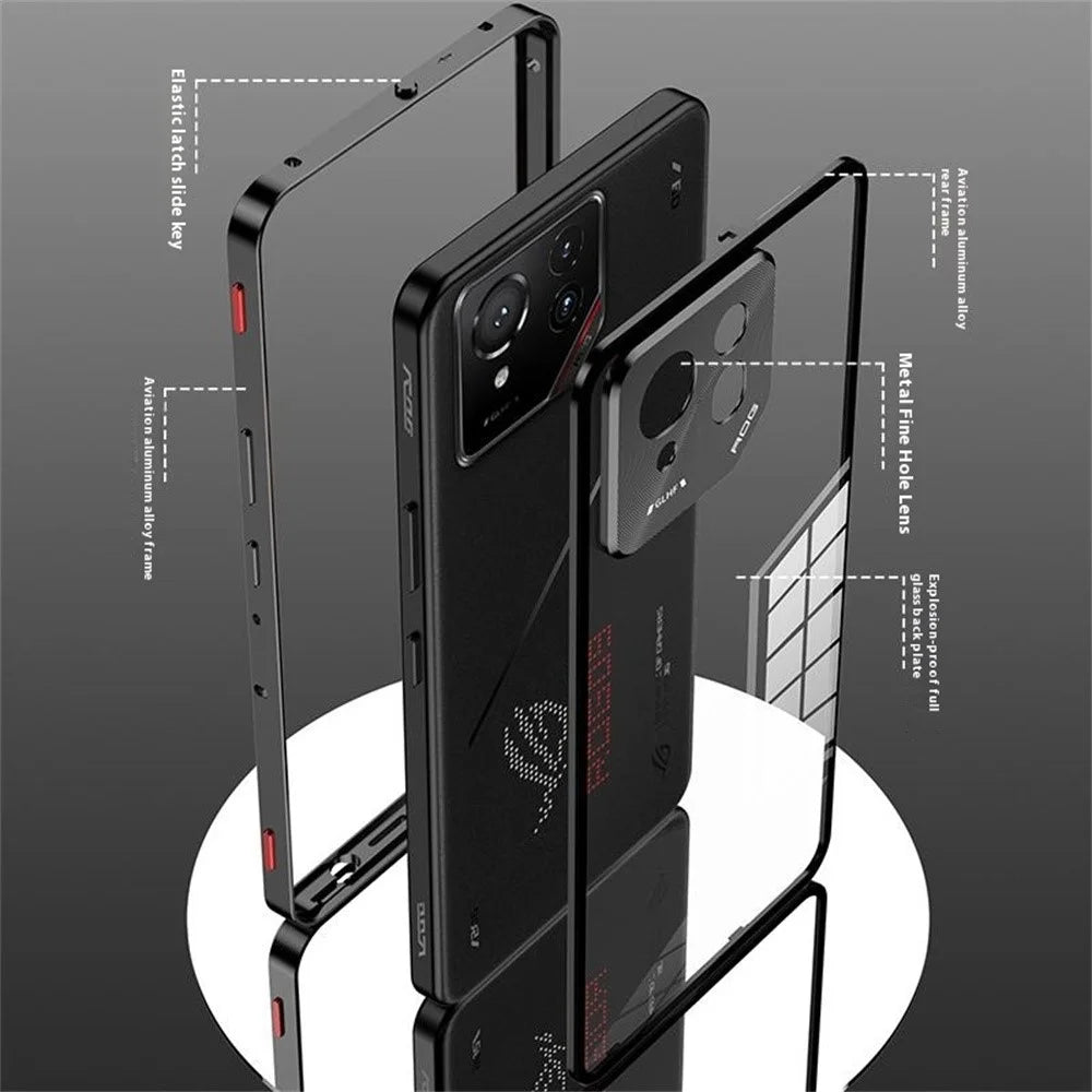 For Asus ROG Phone 9 Pro 5G / Phone 9 5G Case Metal Frame Tempered Glass Back Mobile Cover with Slide Key - Black - 4
