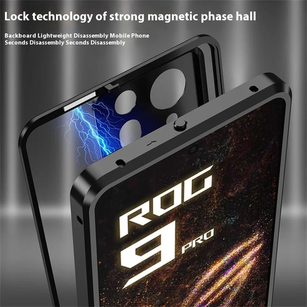 For Asus ROG Phone 9 Pro 5G / Phone 9 5G Case Metal Frame Tempered Glass Back Mobile Cover with Slide Key - Black - 5