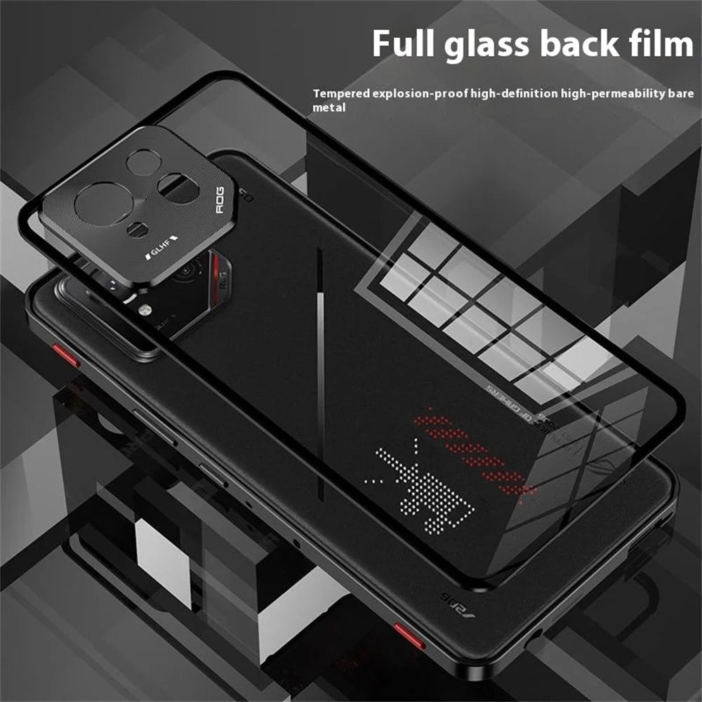 For Asus ROG Phone 9 Pro 5G / Phone 9 5G Case Metal Frame Tempered Glass Back Mobile Cover with Slide Key - Black - 7