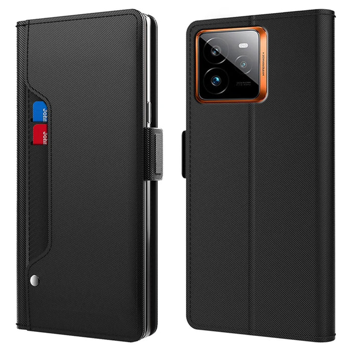 For Realme GT 7 Pro 5G Case Stand PU Leather Phone Cover Card Holder Mirror - Black - 1