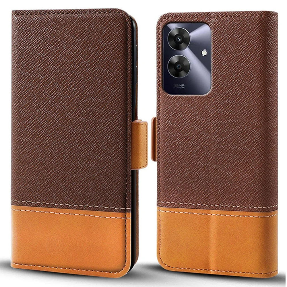 For Realme Note 60 Case Color Splicing PU Leather Wallet Phone Cover - Brown - 1