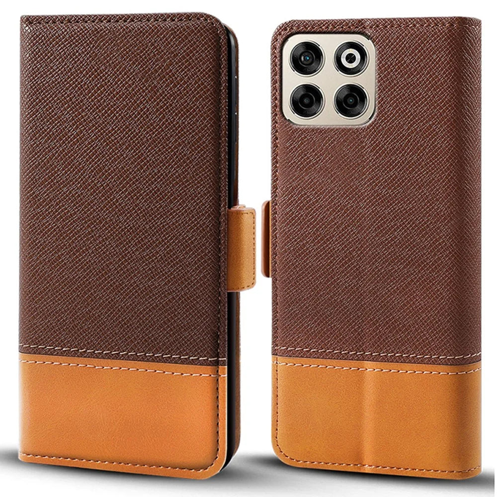For ZTE Blade A35 Case Color Splicing PU Leather Wallet Phone Cover - Brown - 1