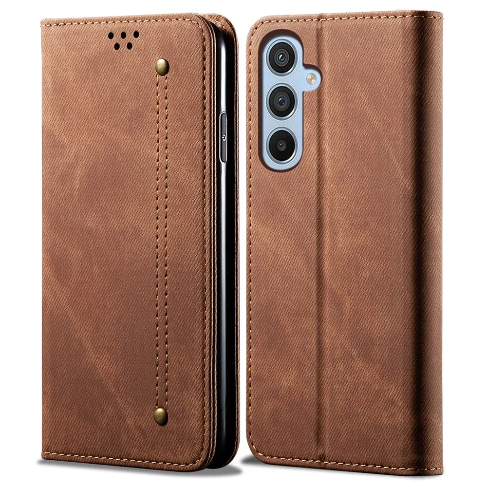 For Samsung Galaxy A26 5G Case Jeans Cloth Texture Anti-Scratch Leather Stand Phone Cover - Coffee - 1
