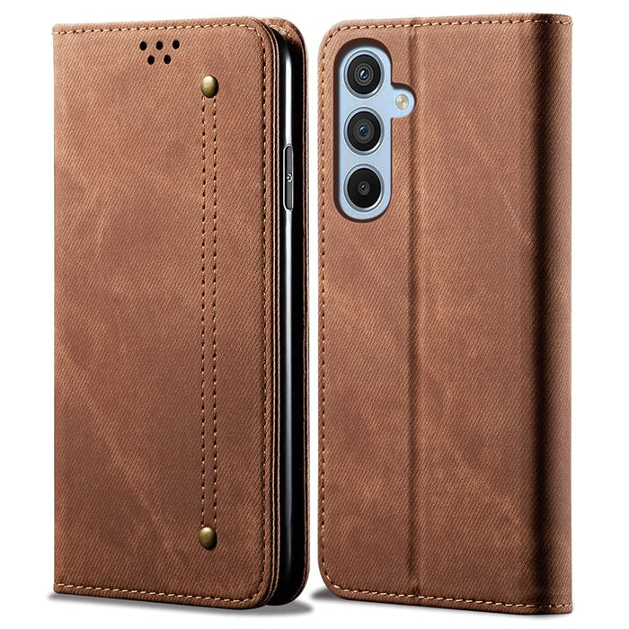 For Samsung Galaxy A26 5G Case Jeans Cloth Texture Anti-Scratch Leather Stand Phone Cover - Coffee - 1