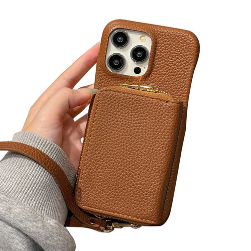 For iPhone 15 Pro Max Case Zipper Card Slots PU Leather Phone Back Cover with Wrist Strap - Dark Brown - 1
