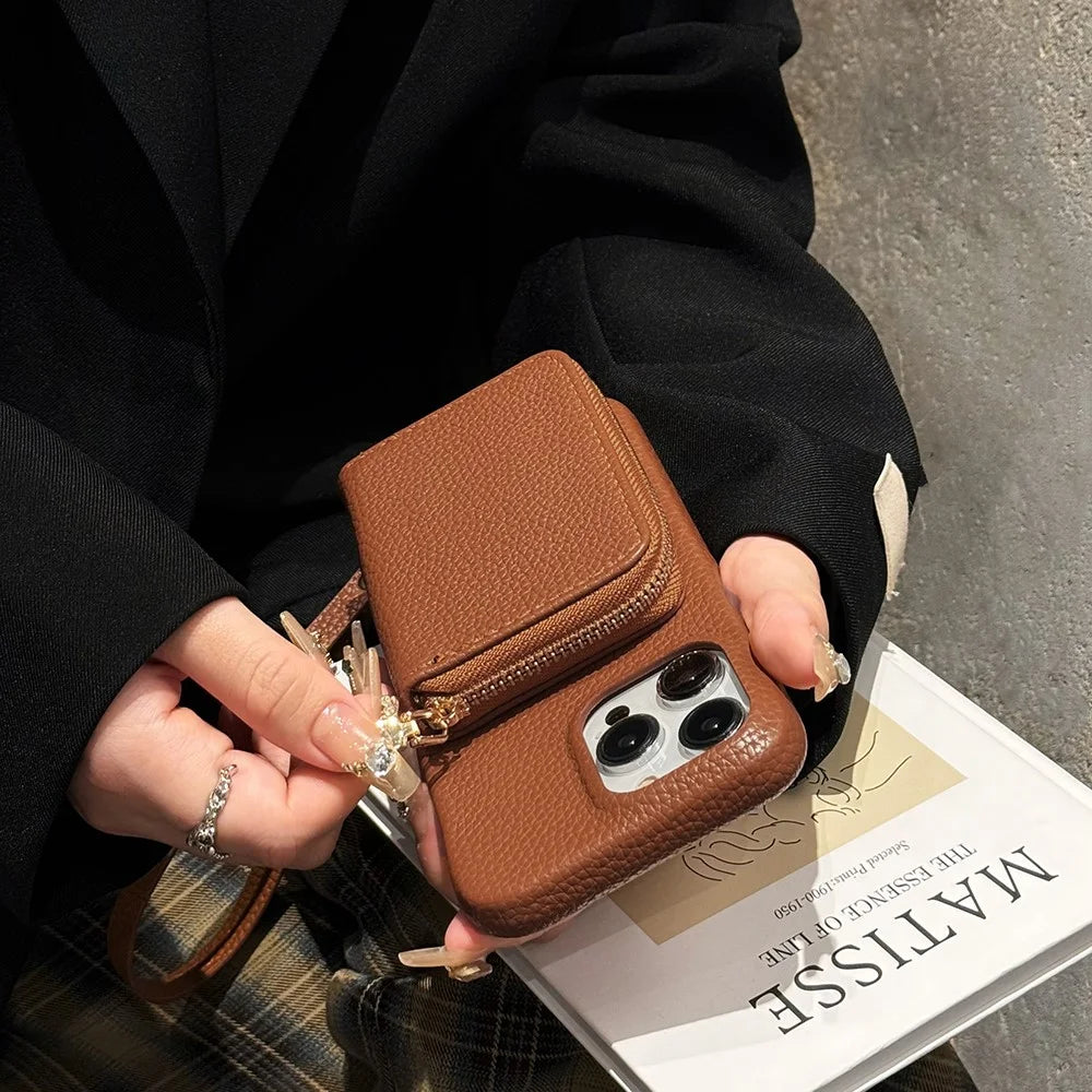 For iPhone 15 Pro Max Case Zipper Card Slots PU Leather Phone Back Cover with Wrist Strap - Dark Brown - 7