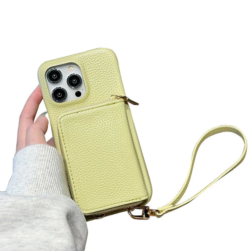 For iPhone 15 Pro Case Zipper Card Slots PU Leather Phone Back Cover with Wrist Strap - Green - 1
