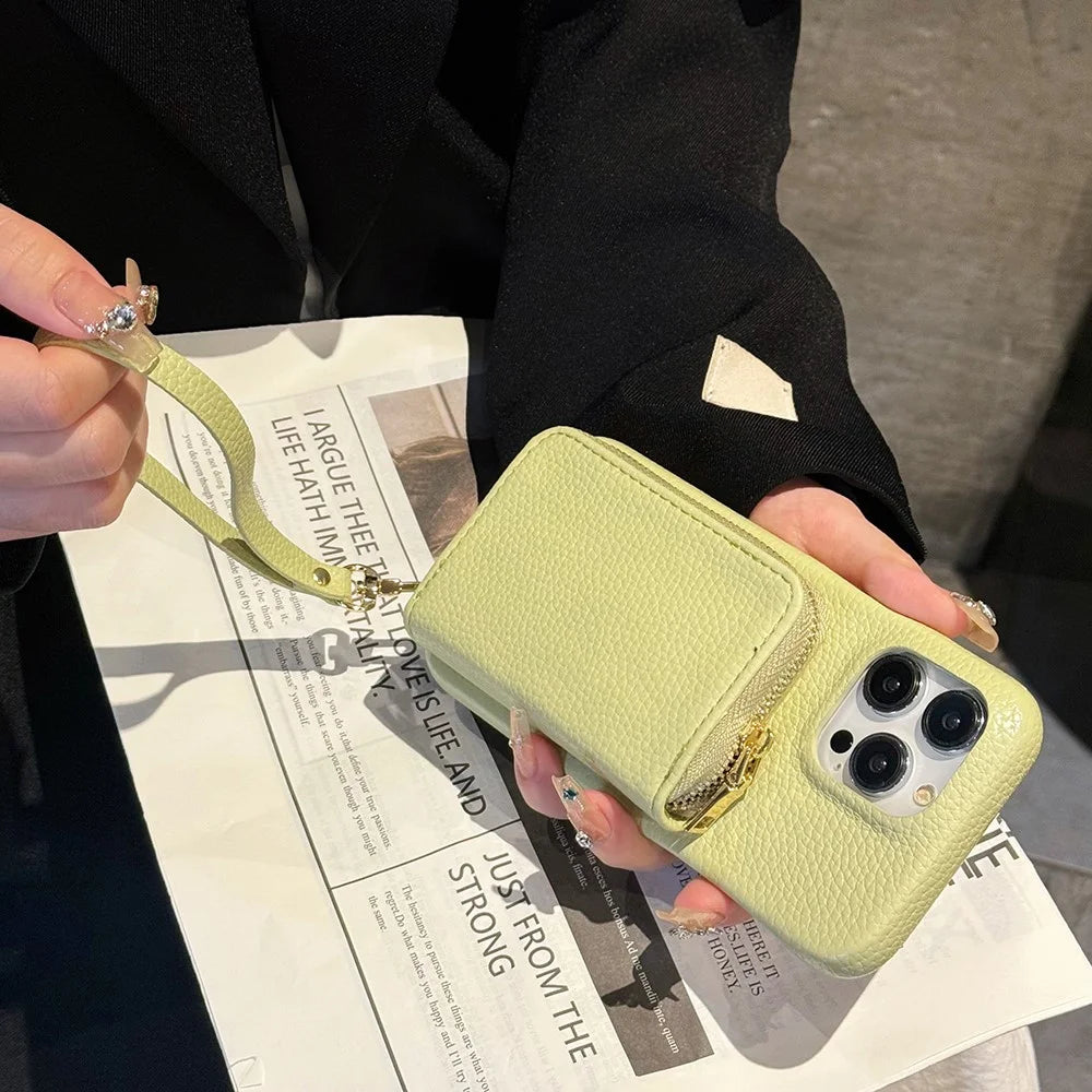 For iPhone 15 Pro Case Zipper Card Slots PU Leather Phone Back Cover with Wrist Strap - Green - 2