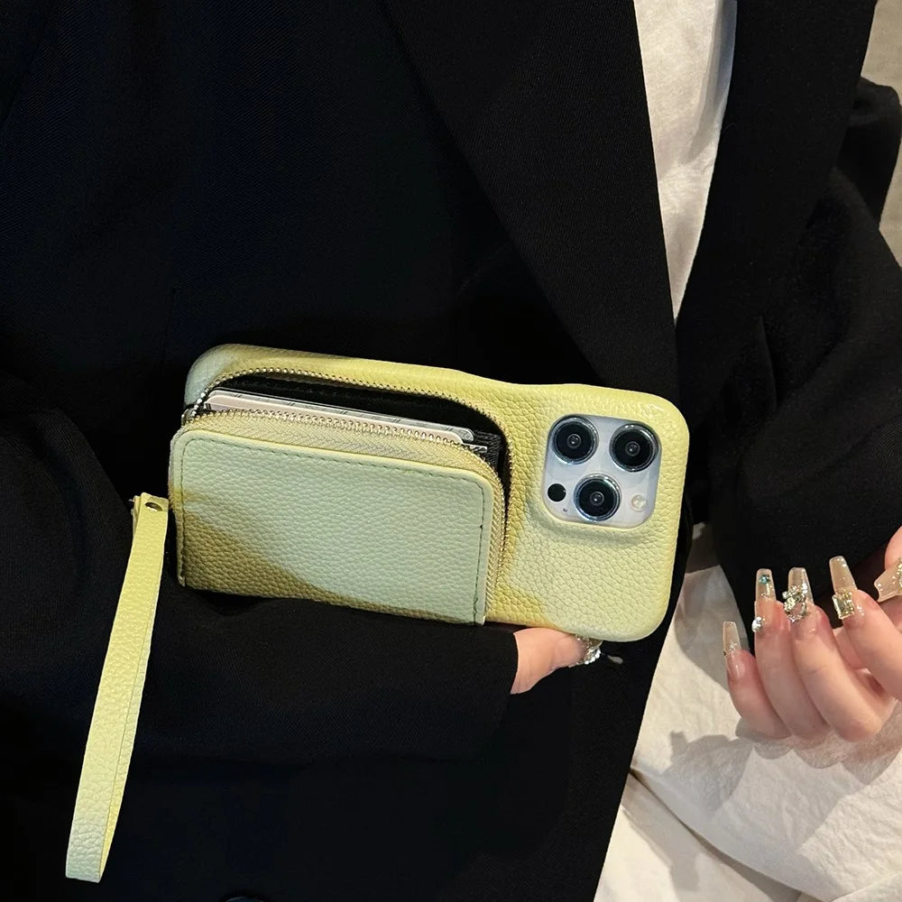 For iPhone 15 Pro Case Zipper Card Slots PU Leather Phone Back Cover with Wrist Strap - Green - 3