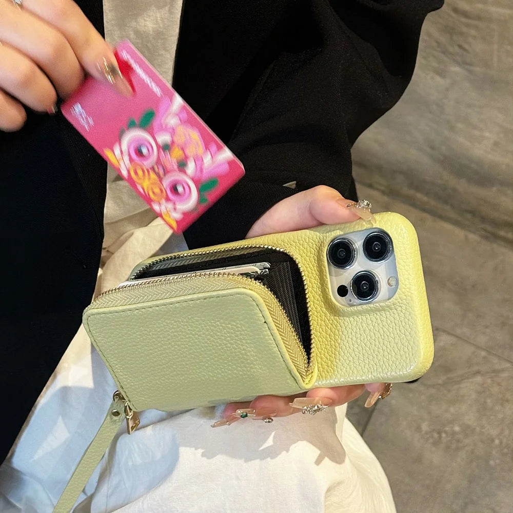 For iPhone 15 Pro Case Zipper Card Slots PU Leather Phone Back Cover with Wrist Strap - Green - 4
