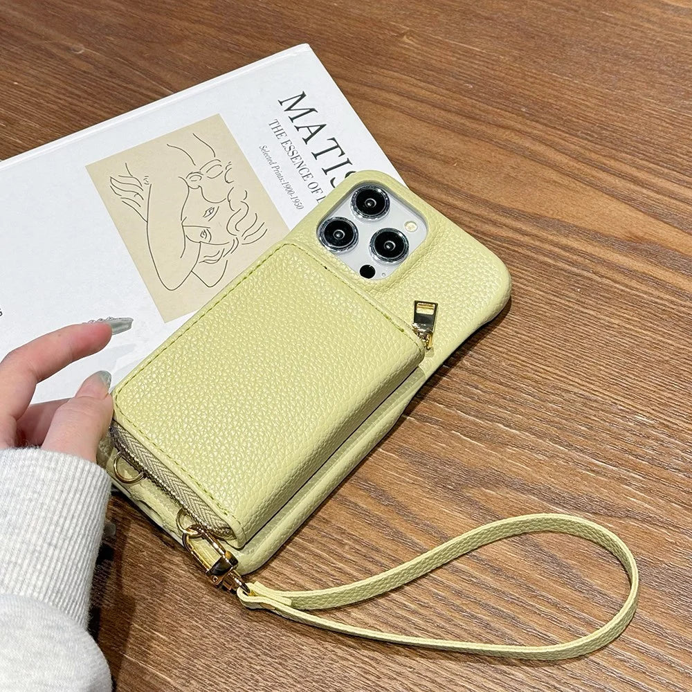 For iPhone 15 Pro Case Zipper Card Slots PU Leather Phone Back Cover with Wrist Strap - Green - 5