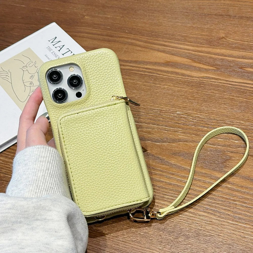 For iPhone 15 Pro Case Zipper Card Slots PU Leather Phone Back Cover with Wrist Strap - Green - 6