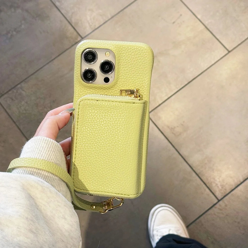 For iPhone 15 Pro Case Zipper Card Slots PU Leather Phone Back Cover with Wrist Strap - Green - 7