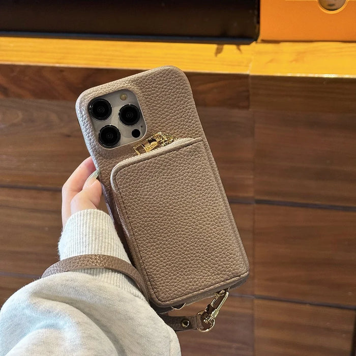 For iPhone 16 Pro Max Case Zipper Card Slots PU Leather Phone Back Cover with Wrist Strap - Grey - 7