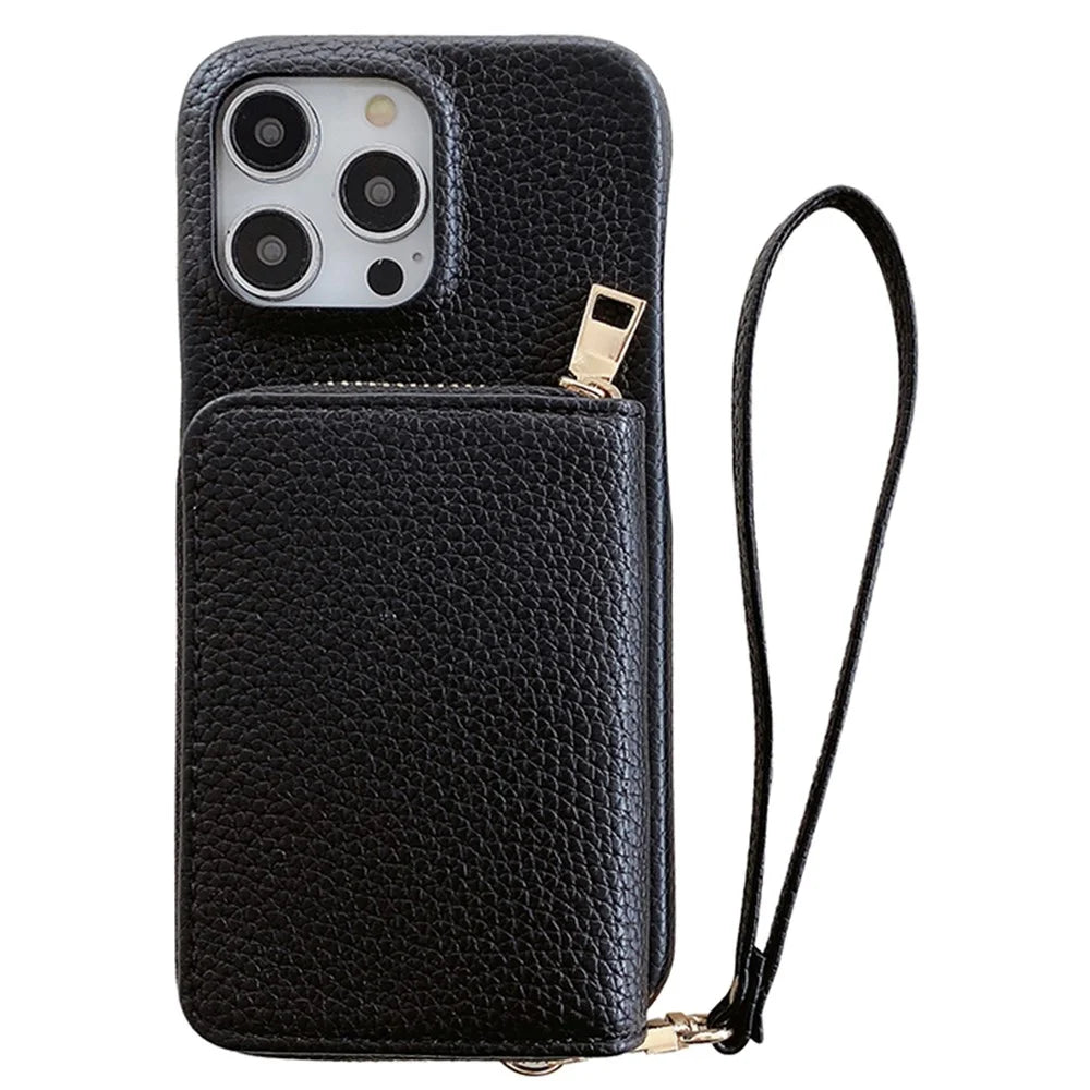 For iPhone 16 Pro Case Zipper Card Slots PU Leather Phone Back Cover with Wrist Strap - Black - 1