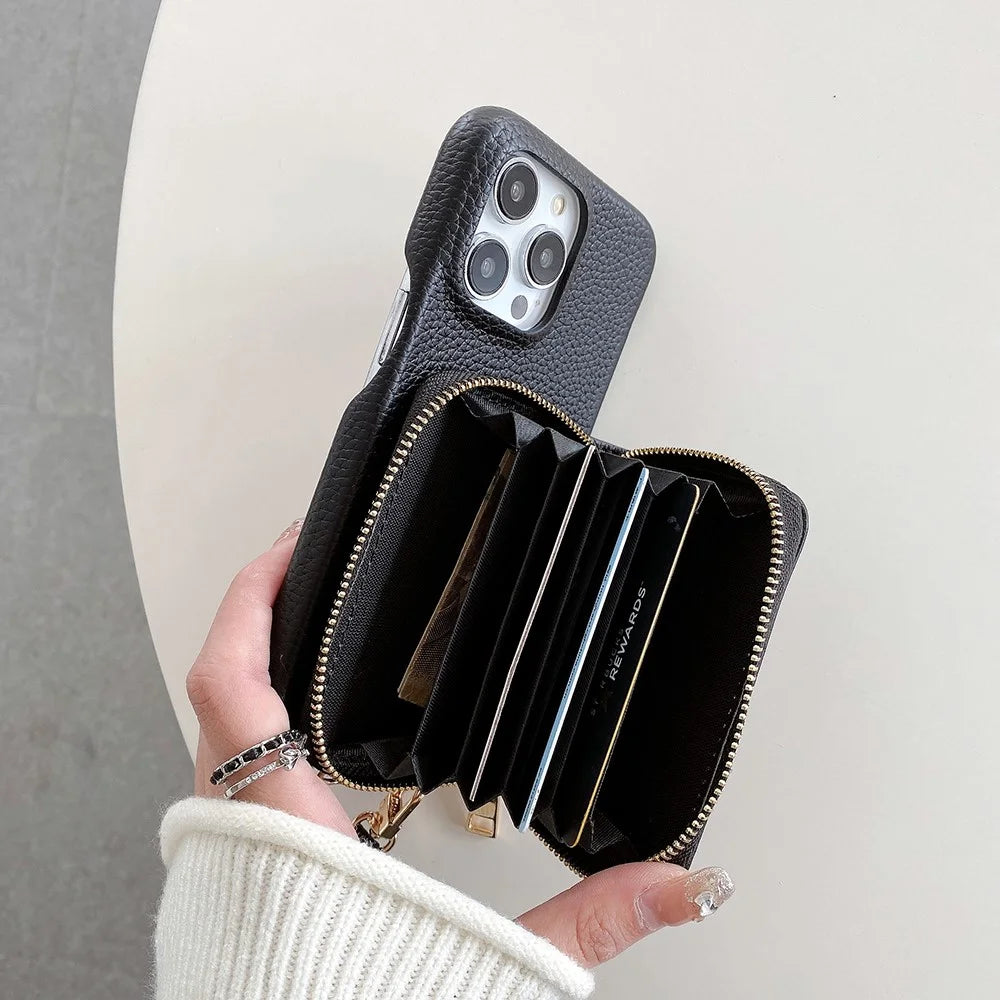For iPhone 16 Pro Case Zipper Card Slots PU Leather Phone Back Cover with Wrist Strap - Black - 3