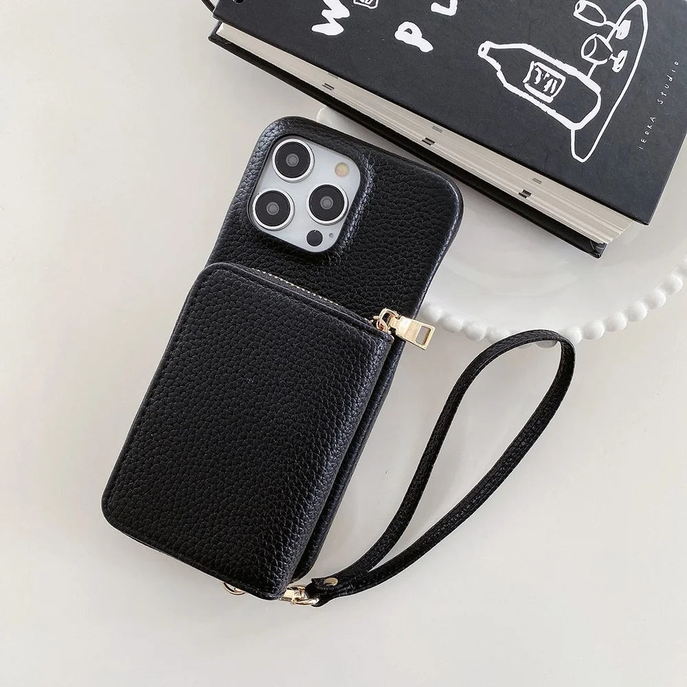 For iPhone 16 Pro Case Zipper Card Slots PU Leather Phone Back Cover with Wrist Strap - Black - 4