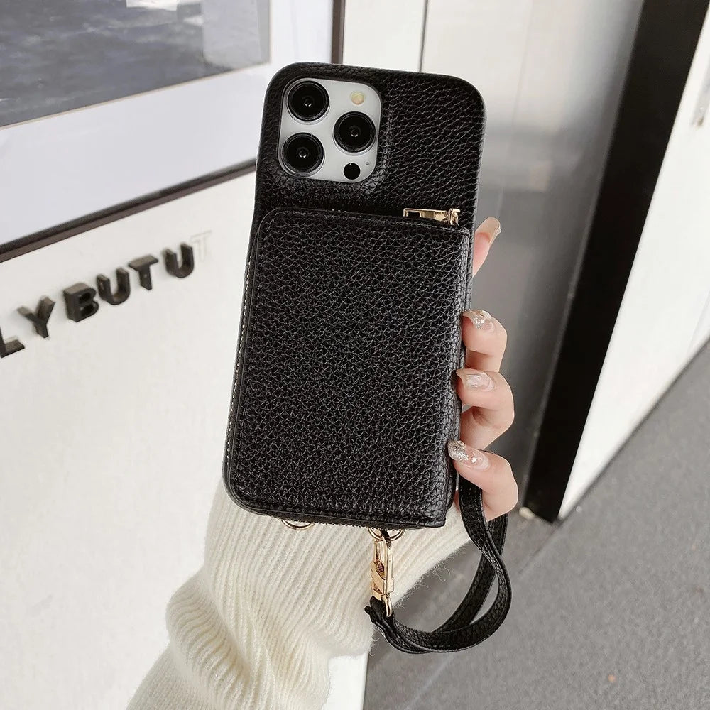 For iPhone 16 Pro Case Zipper Card Slots PU Leather Phone Back Cover with Wrist Strap - Black - 5