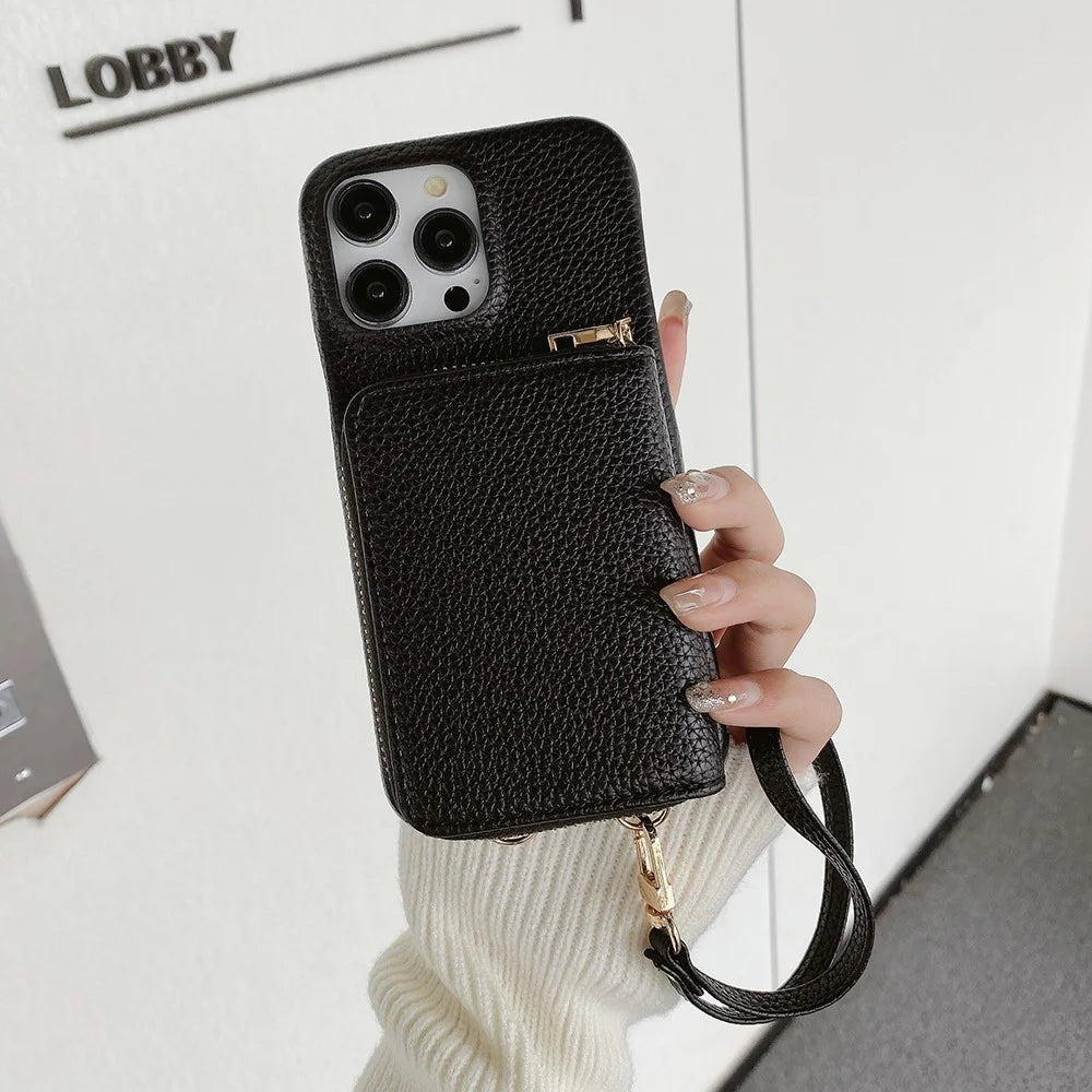 For iPhone 16 Pro Case Zipper Card Slots PU Leather Phone Back Cover with Wrist Strap - Black - 6