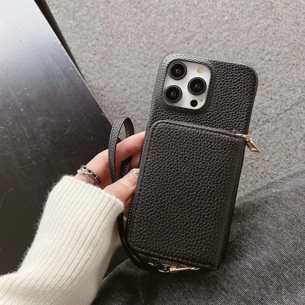 For iPhone 16 Pro Case Zipper Card Slots PU Leather Phone Back Cover with Wrist Strap - Black - 7
