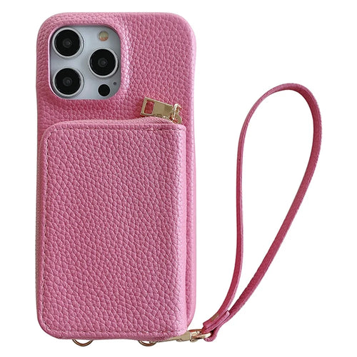For iPhone 14 Pro Max Case Zipper Card Slots PU Leather Phone Back Cover with Wrist Strap - Pink - 1