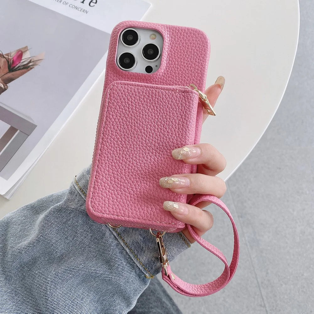 For iPhone 14 Pro Max Case Zipper Card Slots PU Leather Phone Back Cover with Wrist Strap - Pink - 3