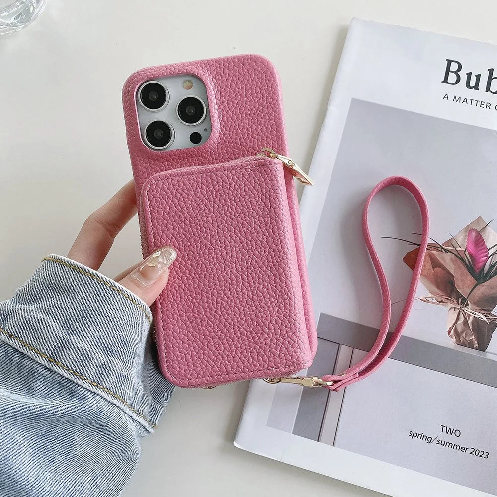 For iPhone 14 Pro Max Case Zipper Card Slots PU Leather Phone Back Cover with Wrist Strap - Pink - 4