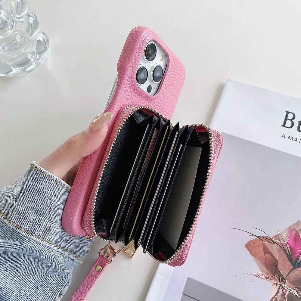 For iPhone 14 Pro Max Case Zipper Card Slots PU Leather Phone Back Cover with Wrist Strap - Pink - 5