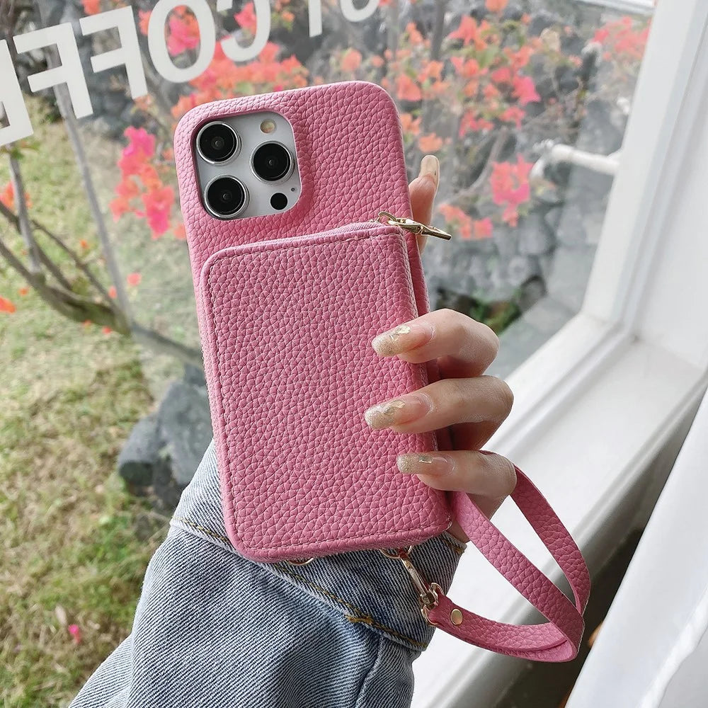 For iPhone 14 Pro Max Case Zipper Card Slots PU Leather Phone Back Cover with Wrist Strap - Pink - 6