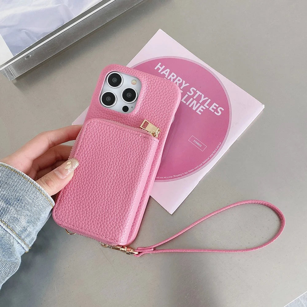 For iPhone 14 Pro Max Case Zipper Card Slots PU Leather Phone Back Cover with Wrist Strap - Pink - 7