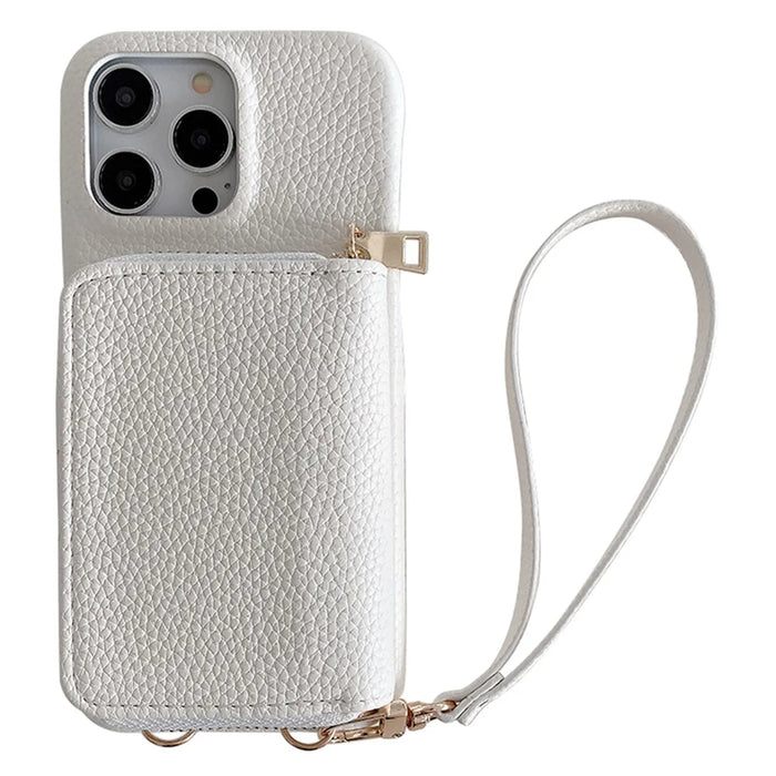 For iPhone 14 Pro Case Zipper Card Slots PU Leather Phone Back Cover with Wrist Strap - White - 1