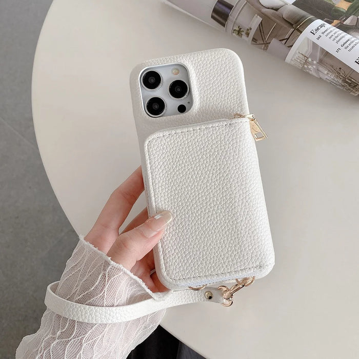 For iPhone 14 Pro Case Zipper Card Slots PU Leather Phone Back Cover with Wrist Strap - White - 2