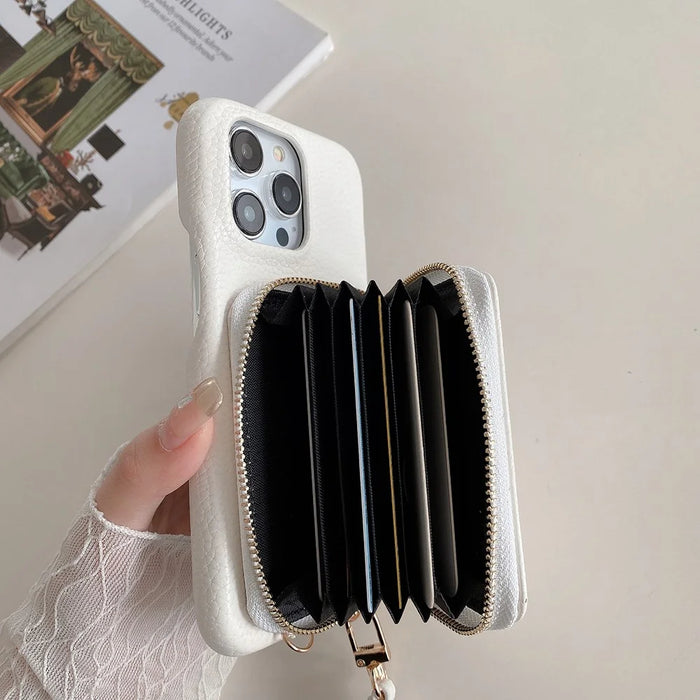 For iPhone 14 Pro Case Zipper Card Slots PU Leather Phone Back Cover with Wrist Strap - White - 4