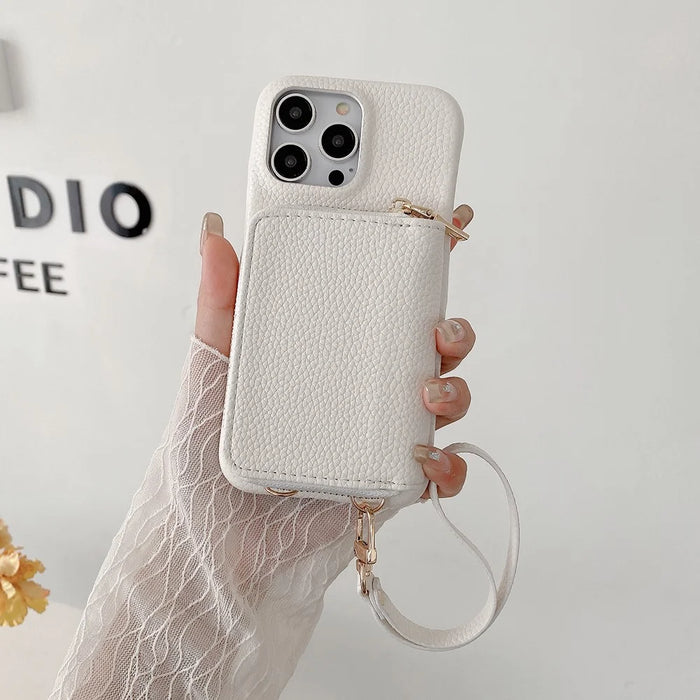 For iPhone 14 Pro Case Zipper Card Slots PU Leather Phone Back Cover with Wrist Strap - White - 5