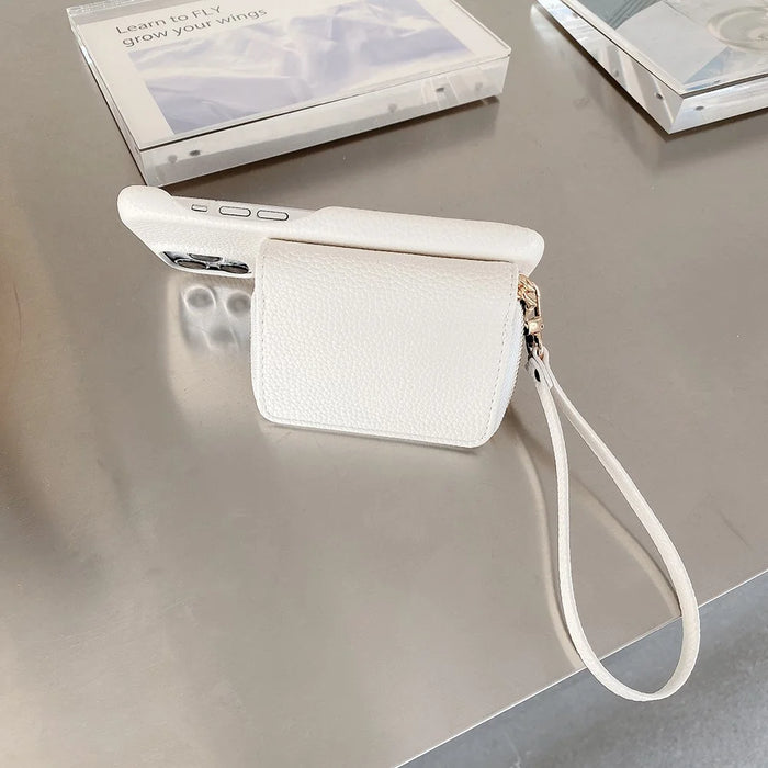 For iPhone 14 Pro Case Zipper Card Slots PU Leather Phone Back Cover with Wrist Strap - White - 6
