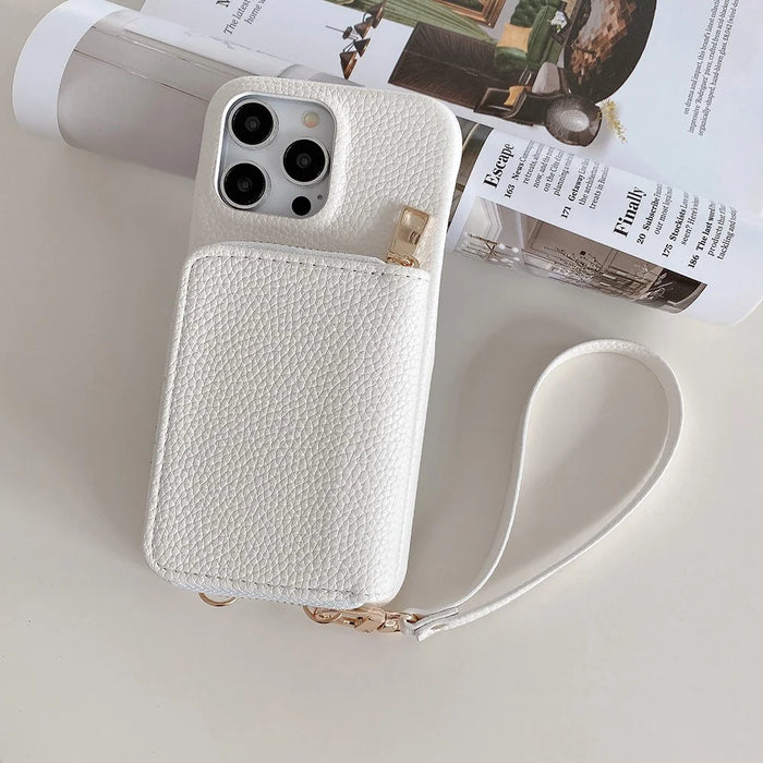 For iPhone 14 Pro Case Zipper Card Slots PU Leather Phone Back Cover with Wrist Strap - White - 7
