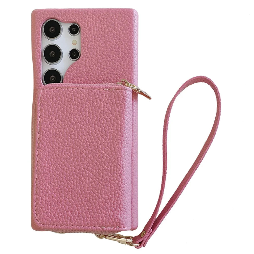 For Samsung Galaxy S25 Ultra Case Zipper Card Slots PU Leather Phone Back Cover with Wrist Strap - Pink - 1