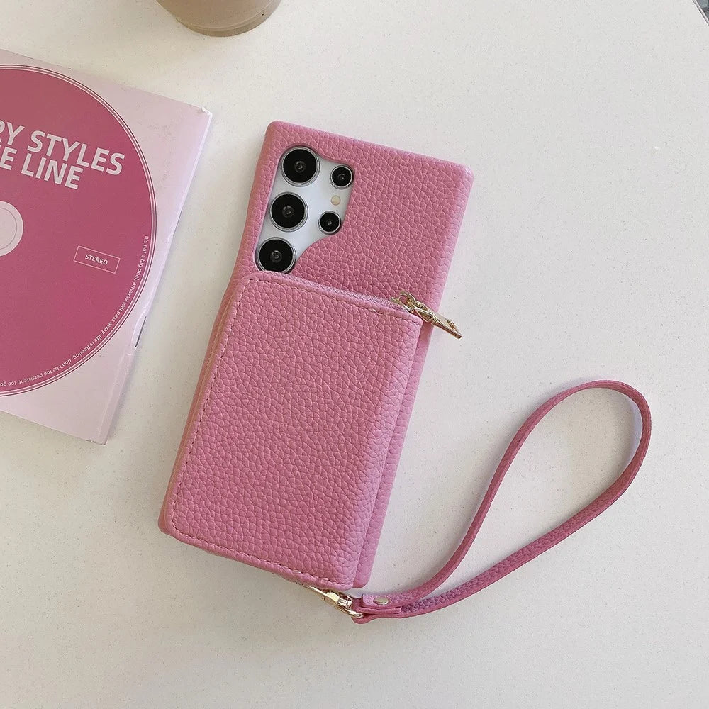For Samsung Galaxy S25 Ultra Case Zipper Card Slots PU Leather Phone Back Cover with Wrist Strap - Pink - 3