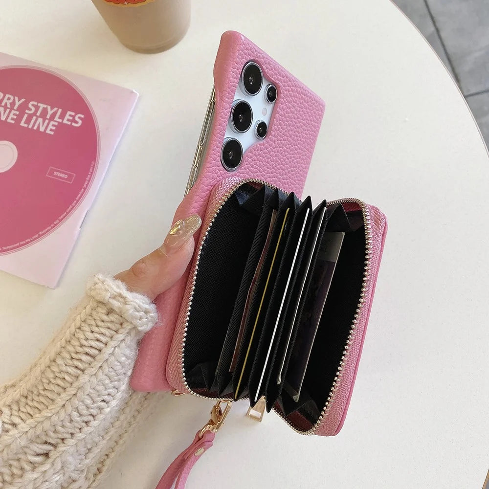 For Samsung Galaxy S25 Ultra Case Zipper Card Slots PU Leather Phone Back Cover with Wrist Strap - Pink - 4