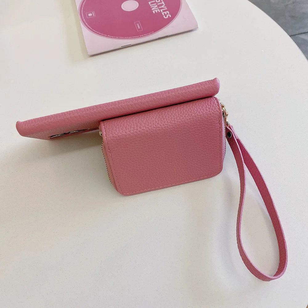 For Samsung Galaxy S25 Ultra Case Zipper Card Slots PU Leather Phone Back Cover with Wrist Strap - Pink - 5
