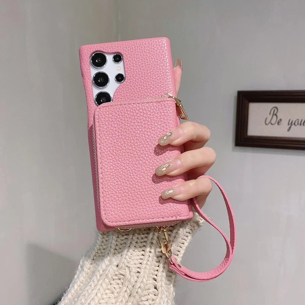 For Samsung Galaxy S25 Ultra Case Zipper Card Slots PU Leather Phone Back Cover with Wrist Strap - Pink - 6