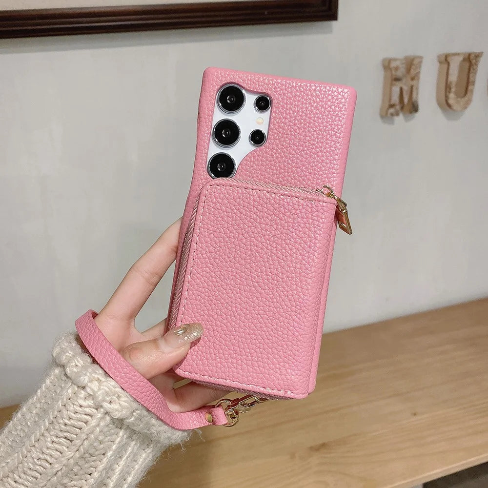 For Samsung Galaxy S25 Ultra Case Zipper Card Slots PU Leather Phone Back Cover with Wrist Strap - Pink - 7