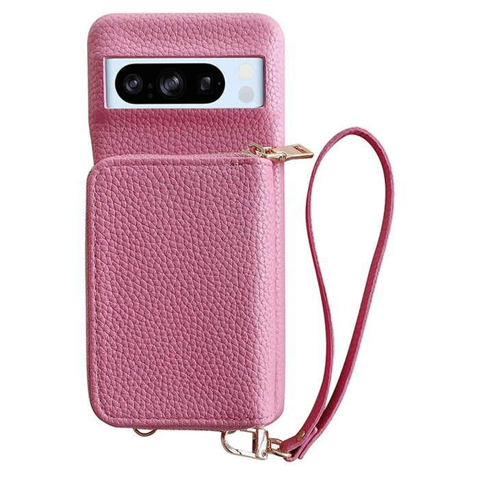 For Google Pixel 8 Pro Case Zipper Card Slots PU Leather Phone Back Cover with Wrist Strap - Pink - 1
