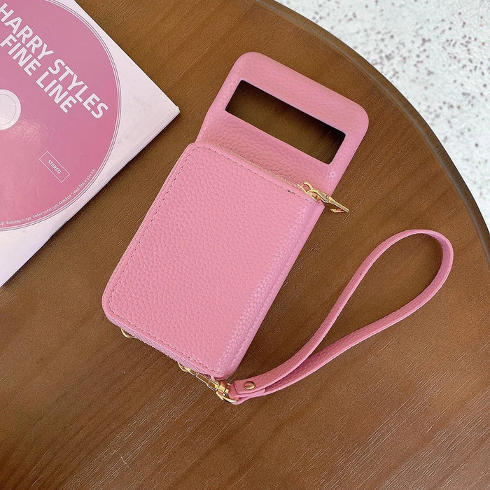 For Google Pixel 8 Pro Case Zipper Card Slots PU Leather Phone Back Cover with Wrist Strap - Pink - 3