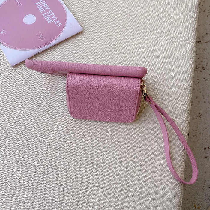 For Google Pixel 8 Pro Case Zipper Card Slots PU Leather Phone Back Cover with Wrist Strap - Pink - 5